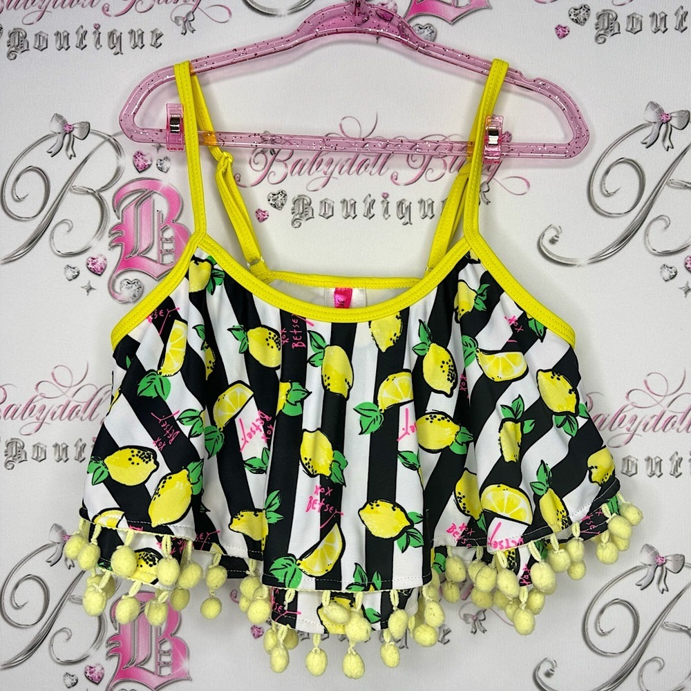 Betsy Johnson bikini top ruffle frilly Pom Pom trim Lemons ๐ striped pink cute